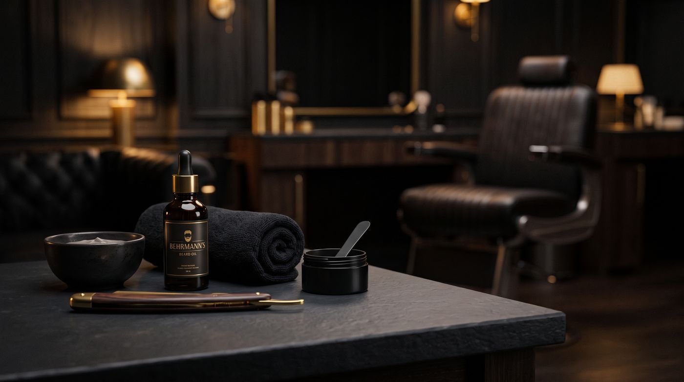 Óleo para barba, toalha e navalha preparados na bancada